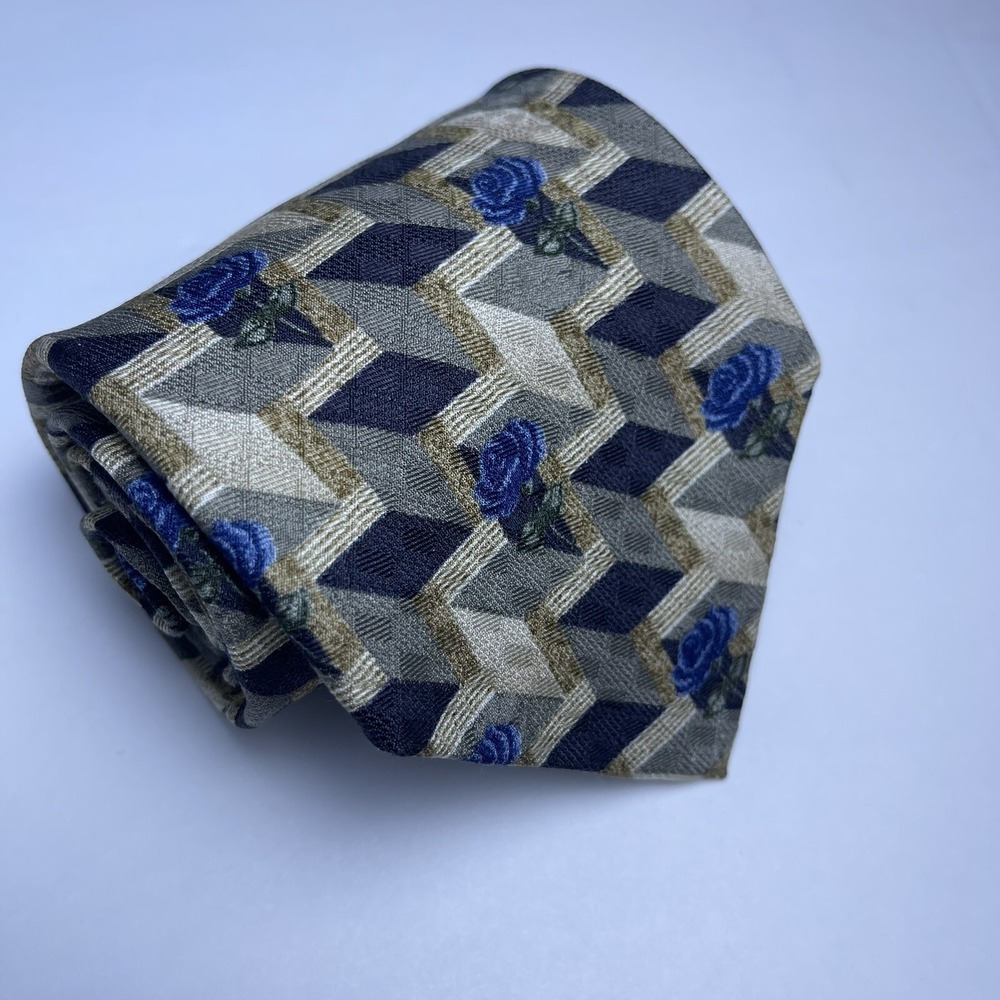 Robert Talbottā Nordstrom Men's Silk Necktie Designer Geometric Gold Blue Roses